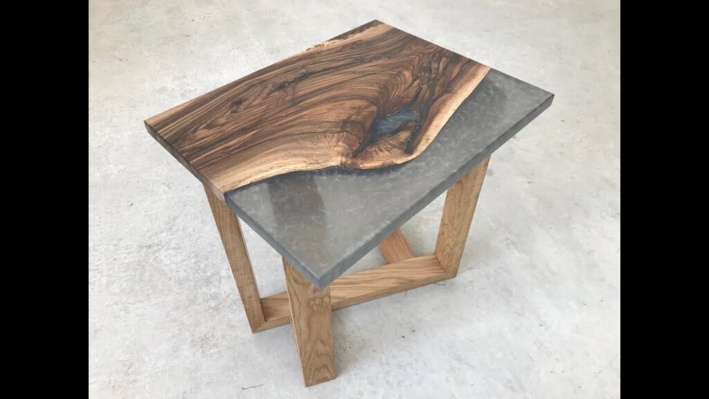 Grey Marble English Walnut Epoxy Resin Side table on Diagonal Oak base