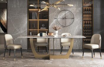 高級レストラン向け長方形ダイニングテーブル ヘアライン加工のステンレス製脚 大理石天板 おしゃれなテーブル